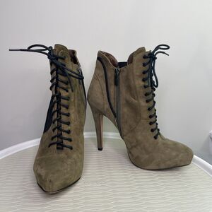 Sam Edelman Green Suede Black Closed Toe Lace Up Bootie Stiletto Heel Shoe 8.5